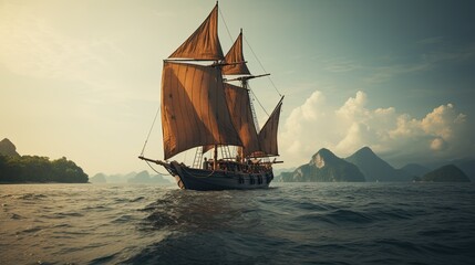 Portrait Phinisi ship sailing on the sea AI Generative