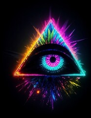 A crystallized all-seeing eye radiates a bright neon light against a deep black background