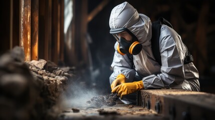 A man in protective equipment disinfects with a sprayer in the old abandon house 