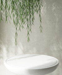 White round glossy pedestal side table podium, green willow tree leaf in sunlight, shadow on...