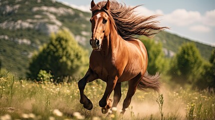 Obraz premium Portrait horse running in the meadow AI Generative