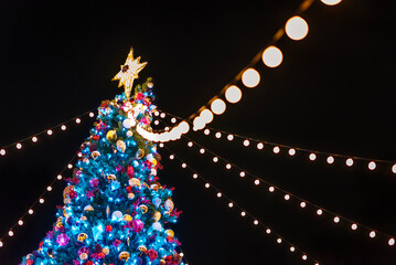 Night scenery of illuminated LED Christmas tree in park - 640494869