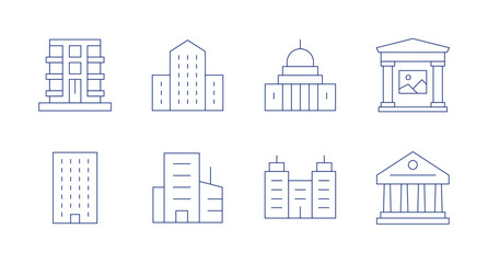 Building icons. Editable stroke. Containing apartment, building, capitol, museum, company, politics.