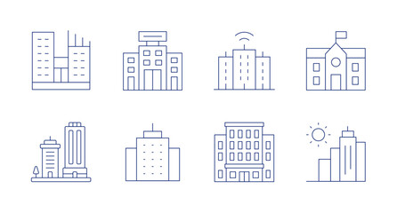 Building icons. Editable stroke. Containing building, smart city, school, buildings, hotel, sun.
