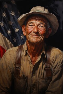 illustration of a man worker, american flag behind in the american classic style