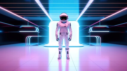Fototapeta na wymiar Astronaut of the future in a white spacesuit stands indoors with neon lighting. AI generation 