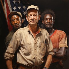 Naklejka premium illustration of a group of workers, american flag behind in the american classic style