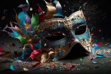 venice mask decorated with dark background, leaves of blue and silver colors mexico latin america