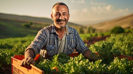 Fototapeta premium Portrait farmer picking vegetables AI Generative