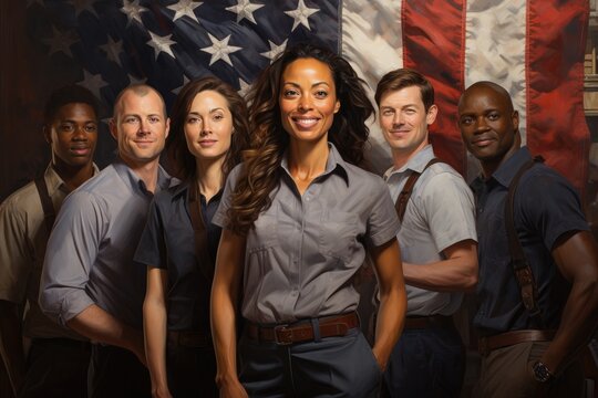 illustration of a group of workers, american flag behind in the american classic style