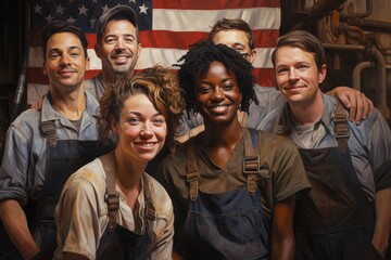 Obraz premium illustration of a group of workers, american flag behind in the american classic style
