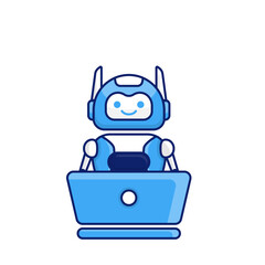 Robot character work with laptop vector illustration. Cute Cartoon Robot Illustration