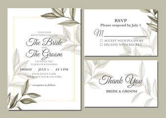 Manual painted of aesthetic watercolor leaves as wedding invitation
