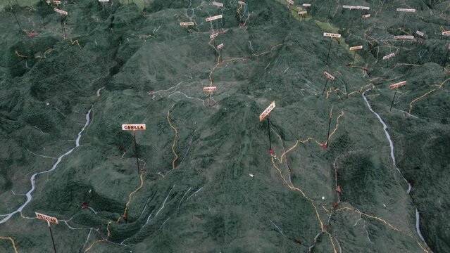 Flyover view: Mountains and river valleys on 3D topo map of Guatemala