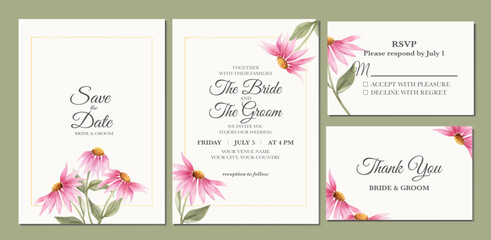 Manual painted of pink coneflower watercolor as wedding invitation 
