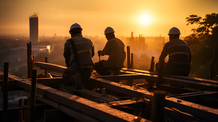 silhouette of construction workers building at sunset