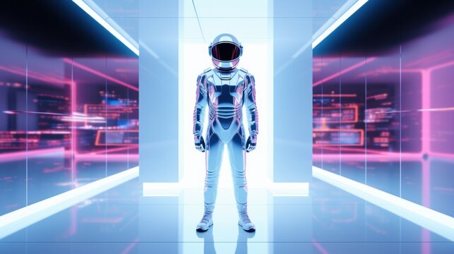 Astronaut of the future in a mirrored spacesuit stands indoors with neon lighting. AI generation 