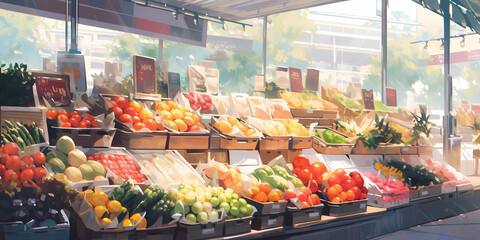 TRPGやゲームの背景として使える野菜や果物の市場 - obrazy, fototapety, plakaty