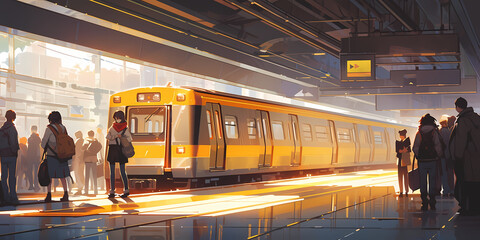 TRPGやゲームの背景として使える電車が止まった駅のホーム - obrazy, fototapety, plakaty