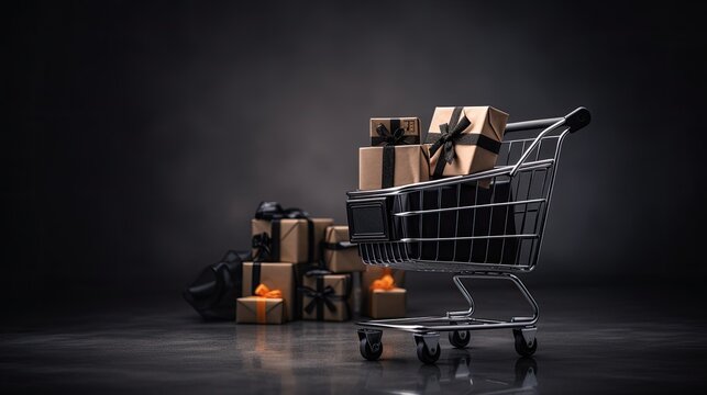 Portrait shopping cart with gift boxes AI Generative