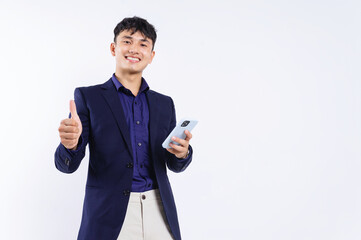 Photo of young Asian businessman on white background