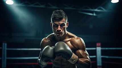 Fototapeta na wymiar Portrait of professional boxer in fighting pose AI Generative