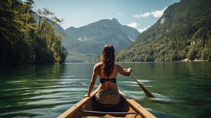 Portrait young woman canoeing in the lake AI Generative