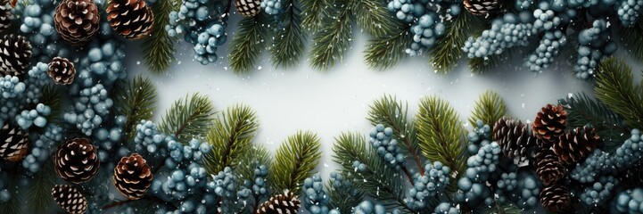 Fototapeta na wymiar A Christmas-themed background image, adorned with arranged fir branches and pinecones, with an open space on the center-left, ideal for customization. Photorealistic illustration, Generative AI