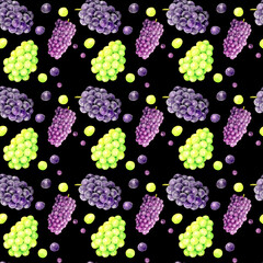 3種類のぶどうのシームレスパターン　手描き水彩イラストの果物柄