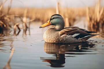 Fototapeta premium Portrait mallard duck on the lake with light exposureAI Generative