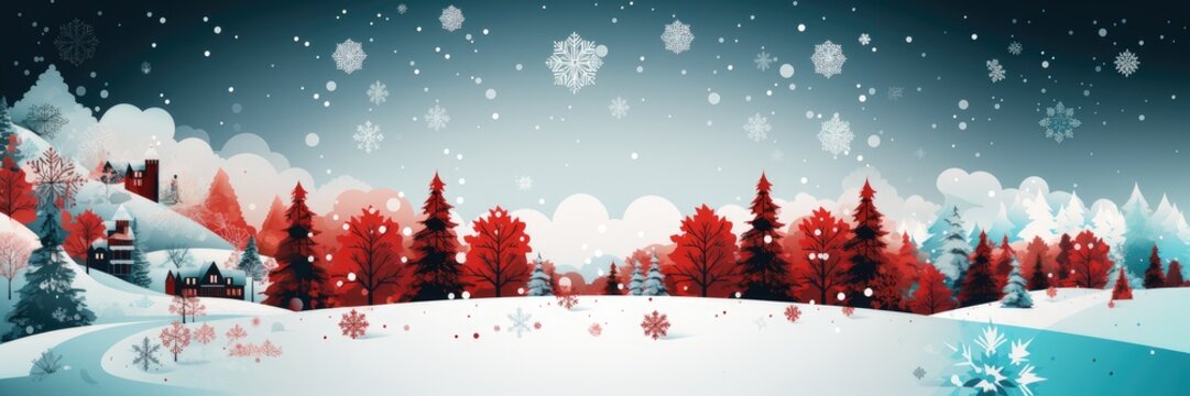 An abstract Christmas background image for creative content, featuring a serene landscape scene of a small town nestled within a snowy forest. Illustration, Generative AI
