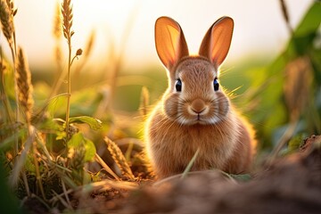 Fototapeta premium Portrait rabbit on the meadow with light exposure AI Generative