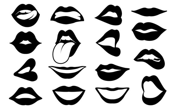 Set black female lips. Collection of woman's lips expressed differernt emotions. Vector illustration of sexy woman's lips. Smile, kiss. beauty concept, Pop art, Trendy background.