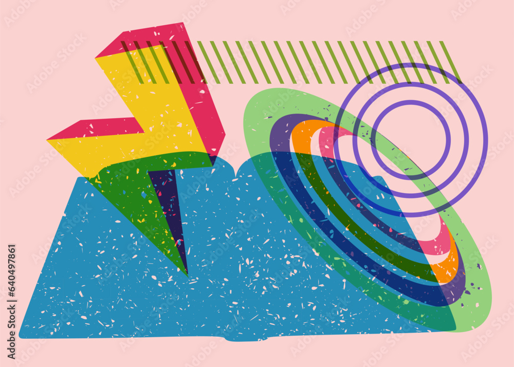 Poster book and colorful geometric shapes. educational object in trendy riso graph design. geometry element
