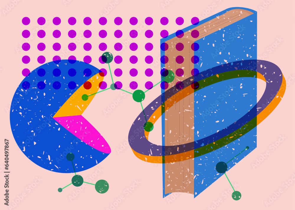Poster book and colorful geometric shapes. educational object in trendy riso graph design. geometry element