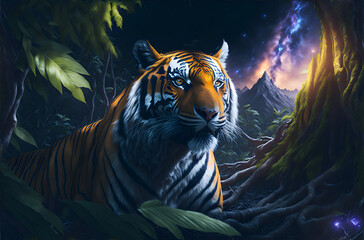 Tiger gazing into the distance in a fantastic jungle
