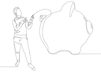 One continuous line of Man pointing with finger at Piggy Bank. Thin Line Illustration vector concept. Contour Drawing Creative ideas.