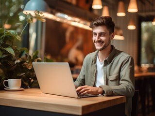 Fototapeta premium joyful relaxed smiling young man using laptop