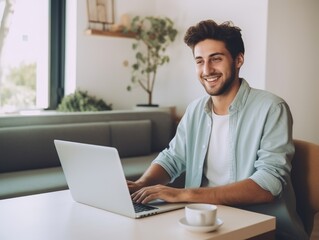  joyful relaxed smiling young man using laptop