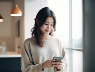  joyful relaxed smiling young woman using phone smartphone