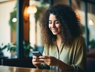  joyful relaxed smiling young woman using phone smartphone