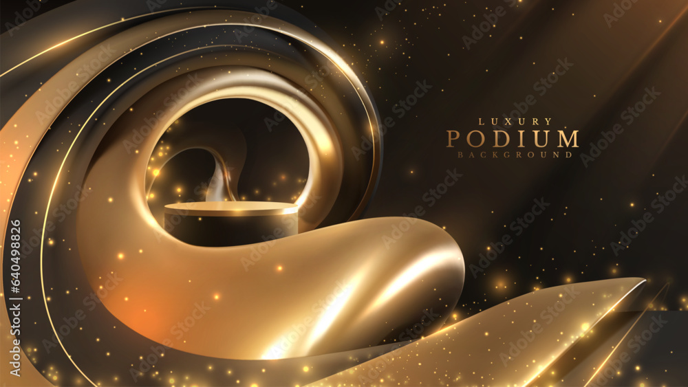 Wall mural luxury black background with product display podium and 3d gold material frame element with glitter 