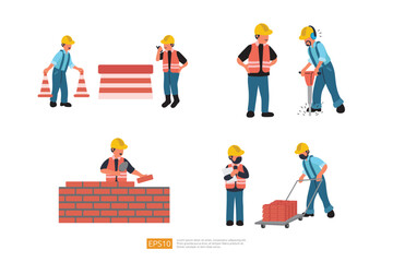 Construction Builder Character Set. installs fencing warning cones on road, worker drills road surface with jackhammer, Building Brick Wall, Carrying Brick. Vector Illustration of Construction Worker