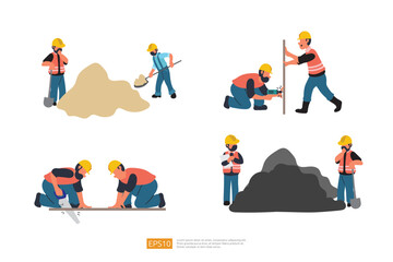 Construction Builder Character Set. digging sand Material with Shovel, Hand Drill work, saws a board with a hand saw. Vector Illustration of Construction Worker