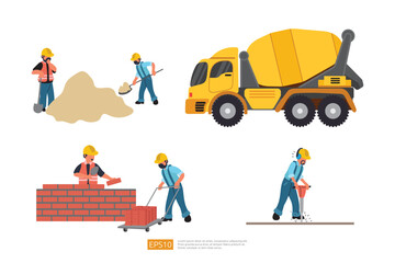Construction site. Mixer cement truck heavy vehicle and Builder or worker set. Drilling with Jackhammer, Building Brick Wall work. Vector illustration in flat style.