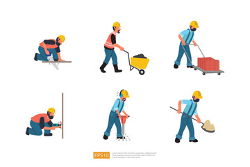 Construction Builder Character Set. Builder with Shovel, Worker with Wheelbarrow Carrying Sand, Hand Drill Work, Wheelbarrow Carrying Brick, Working With Jackhammer. Vector Illustration Construction