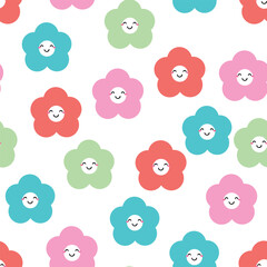 Smiling cute floral pattern, seamless cartoon background, vector illustration, wallpaper, textile, bag, garment, fashion design