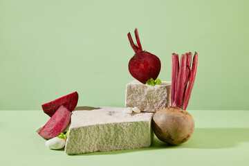 A block of stone podium displayed with some slices of beetroot. Concept scene stage showcase for...