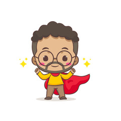 Cute father as hero with red cloak cartoon character. African man wearing glasses concept design. Flat chibi cartoon style. Vector art illustration. Isolated white background