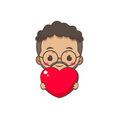 Cute father holding love heart cartoon character. African man wearing glasses concept design. Flat chibi cartoon style. Vector art illustration. Isolated white background